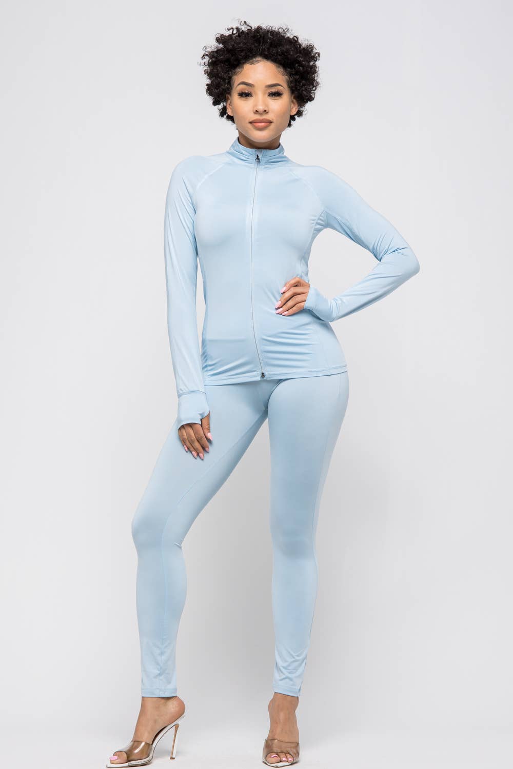 Comfy Peach Front Zipper Open Thumb Jacket And Leggings Set