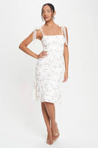 Enaya Square Neck Floral Lace Print Mesh Midi Dress