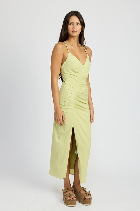 Arielle Deep V Ruched Front Slit Maxi Dress - ShopRbls