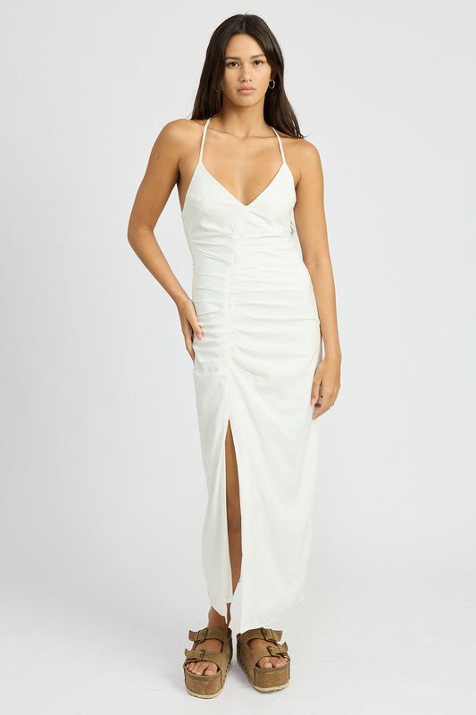 Arielle Deep V Ruched Front Slit Maxi Dress - ShopRbls