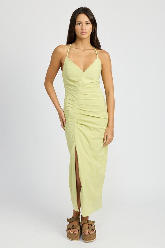 Arielle Deep V Ruched Front Slit Maxi Dress - ShopRbls