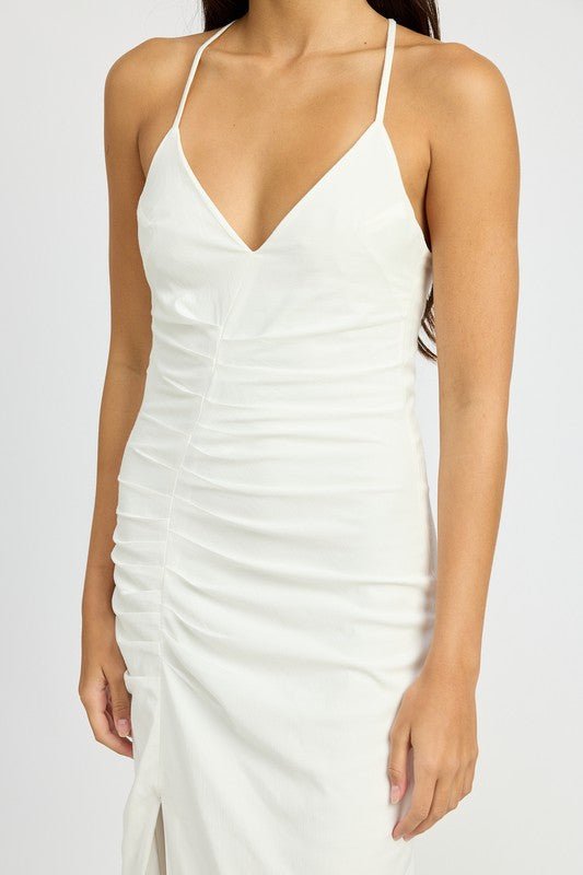 Arielle Deep V Ruched Front Slit Maxi Dress - ShopRbls