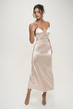Karine Deep V Neck Halter Satin Slip Dress