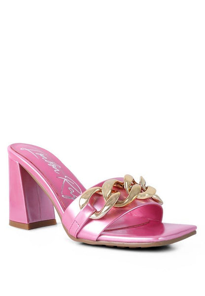 Babydoll Gold Chain Detail Block High Heel Mules - ShopRbls