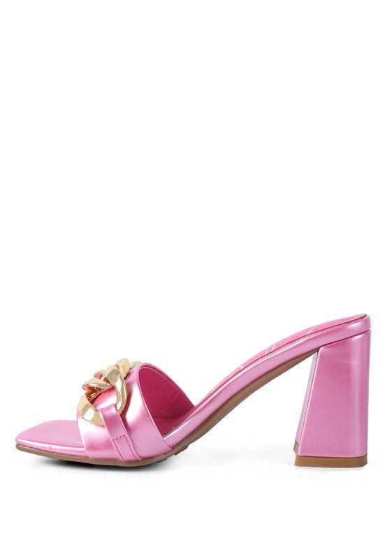 Babydoll Gold Chain Detail Block High Heel Mules - ShopRbls