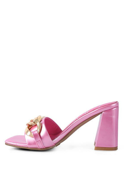 Babydoll Gold Chain Detail Block High Heel Mules - ShopRbls