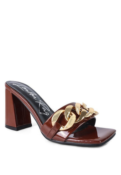 Babydoll Gold Chain Detail Block High Heel Mules - ShopRbls