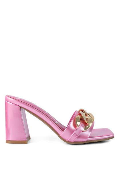 Babydoll Gold Chain Detail Block High Heel Mules - ShopRbls