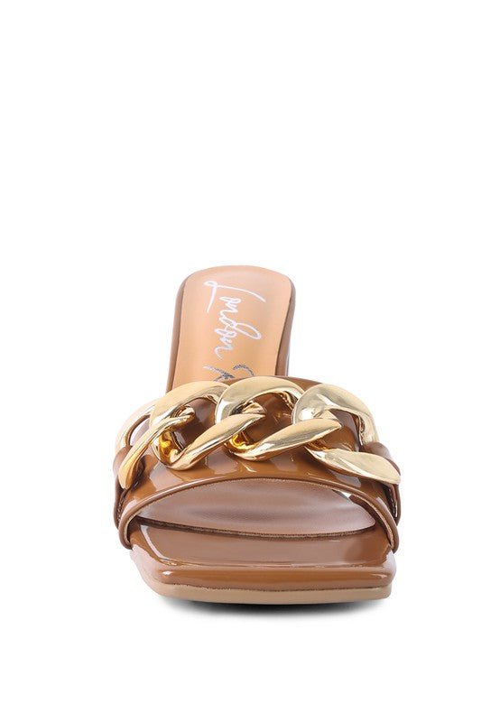 Babydoll Gold Chain Detail Block High Heel Mules - ShopRbls