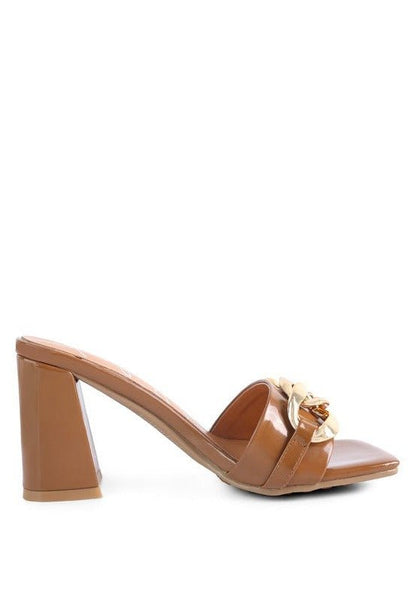 Babydoll Gold Chain Detail Block High Heel Mules - ShopRbls