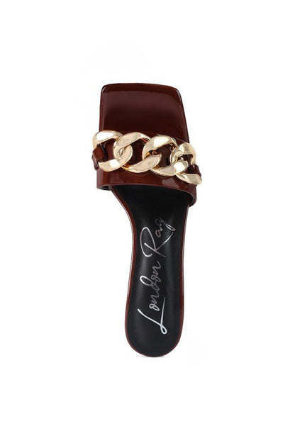 Babydoll Gold Chain Detail Block High Heel Mules - ShopRbls