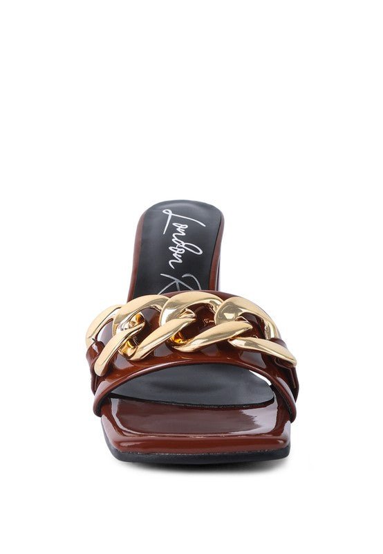 Babydoll Gold Chain Detail Block High Heel Mules - ShopRbls