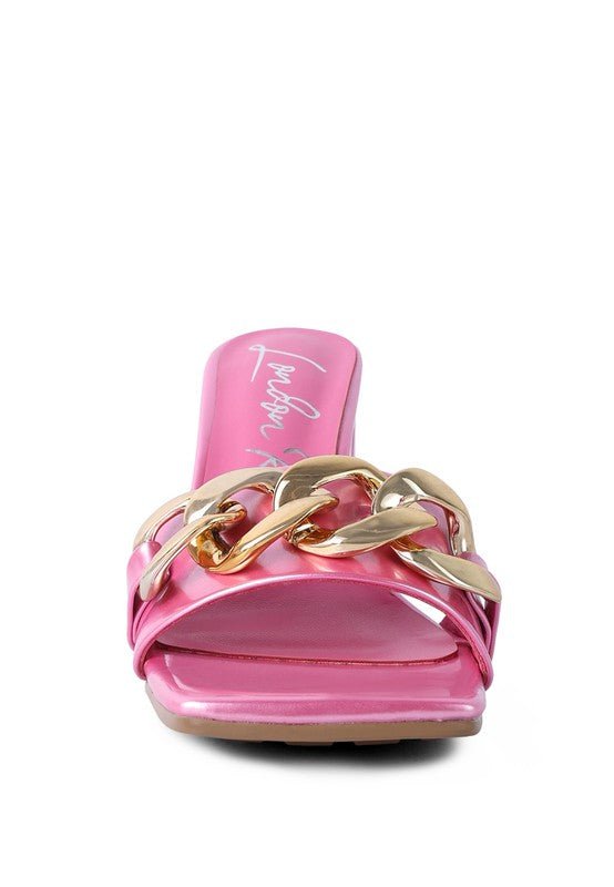 Babydoll Gold Chain Detail Block High Heel Mules - ShopRbls