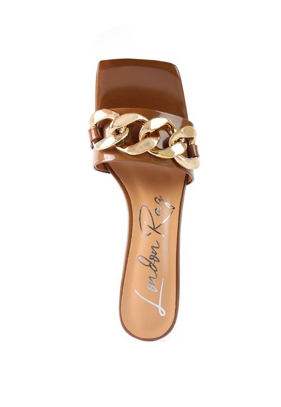 Babydoll Gold Chain Detail Block High Heel Mules - ShopRbls