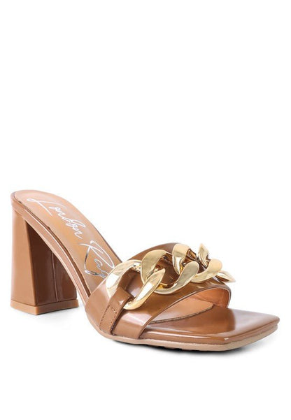 Babydoll Gold Chain Detail Block High Heel Mules - ShopRbls