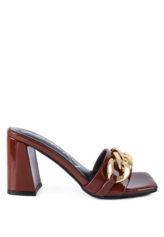 Babydoll Gold Chain Detail Block High Heel Mules - ShopRbls