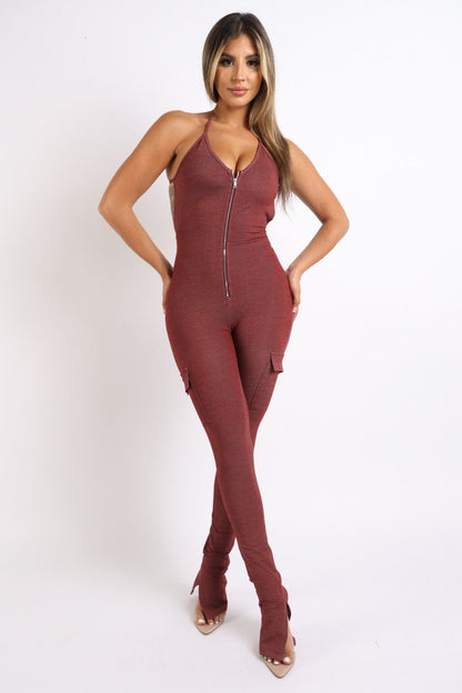 Bad Intentions Halterneck Cargo Split Hem Jumpsuit - ShopRbls