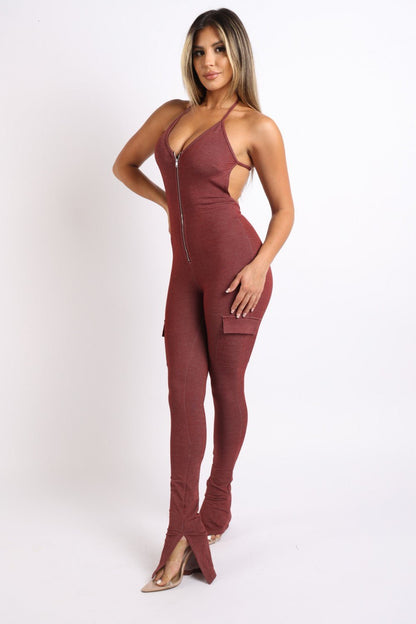 Bad Intentions Halterneck Cargo Split Hem Jumpsuit - ShopRbls