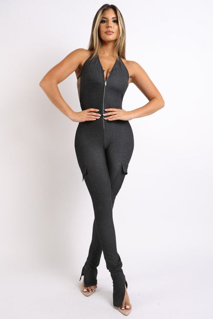 Bad Intentions Halterneck Cargo Split Hem Jumpsuit - ShopRbls
