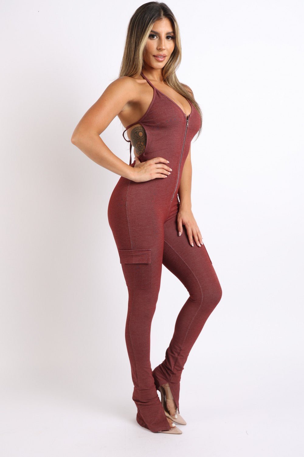 Bad Intentions Halterneck Cargo Split Hem Jumpsuit - ShopRbls