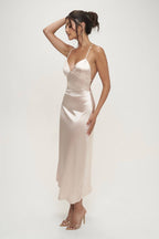 Karine Deep V Neck Halter Satin Slip Dress