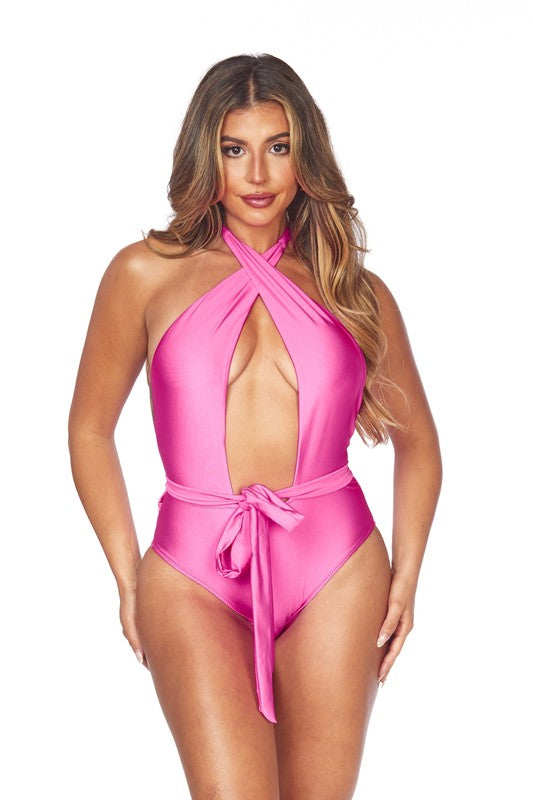 Labella Criss Cross Plunge Halter Neck One Piece Swimsuit