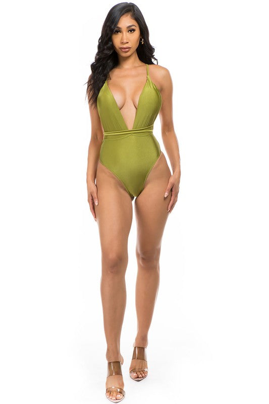 Linda Plunge Neck Waist Detail One Piece Swimsuit