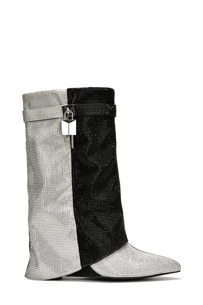 Lights On Rhinestones Studded Fold Over Mid Calf Boots