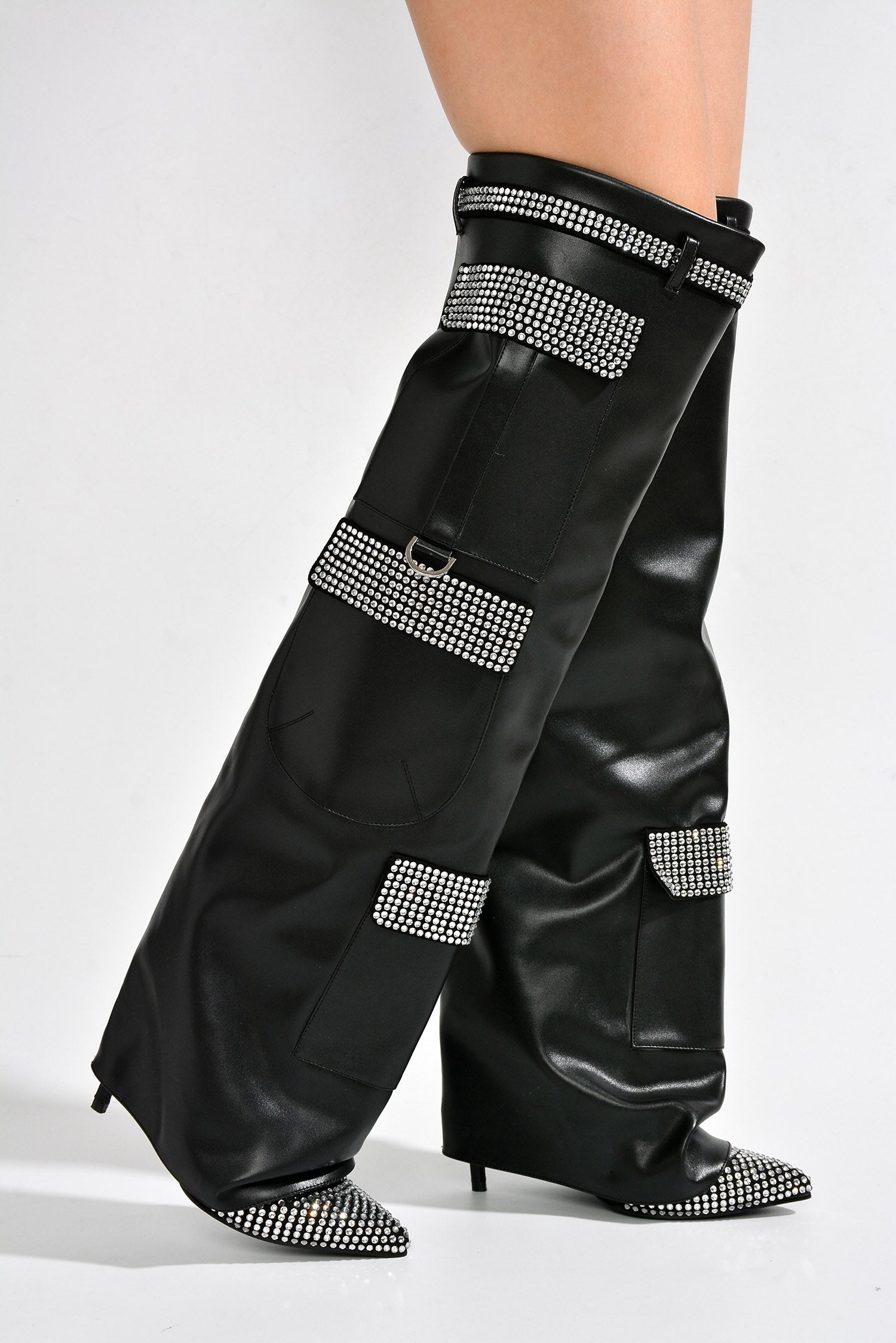Disco Nights Rhinestone Detail Fold Over Thigh High Boots
