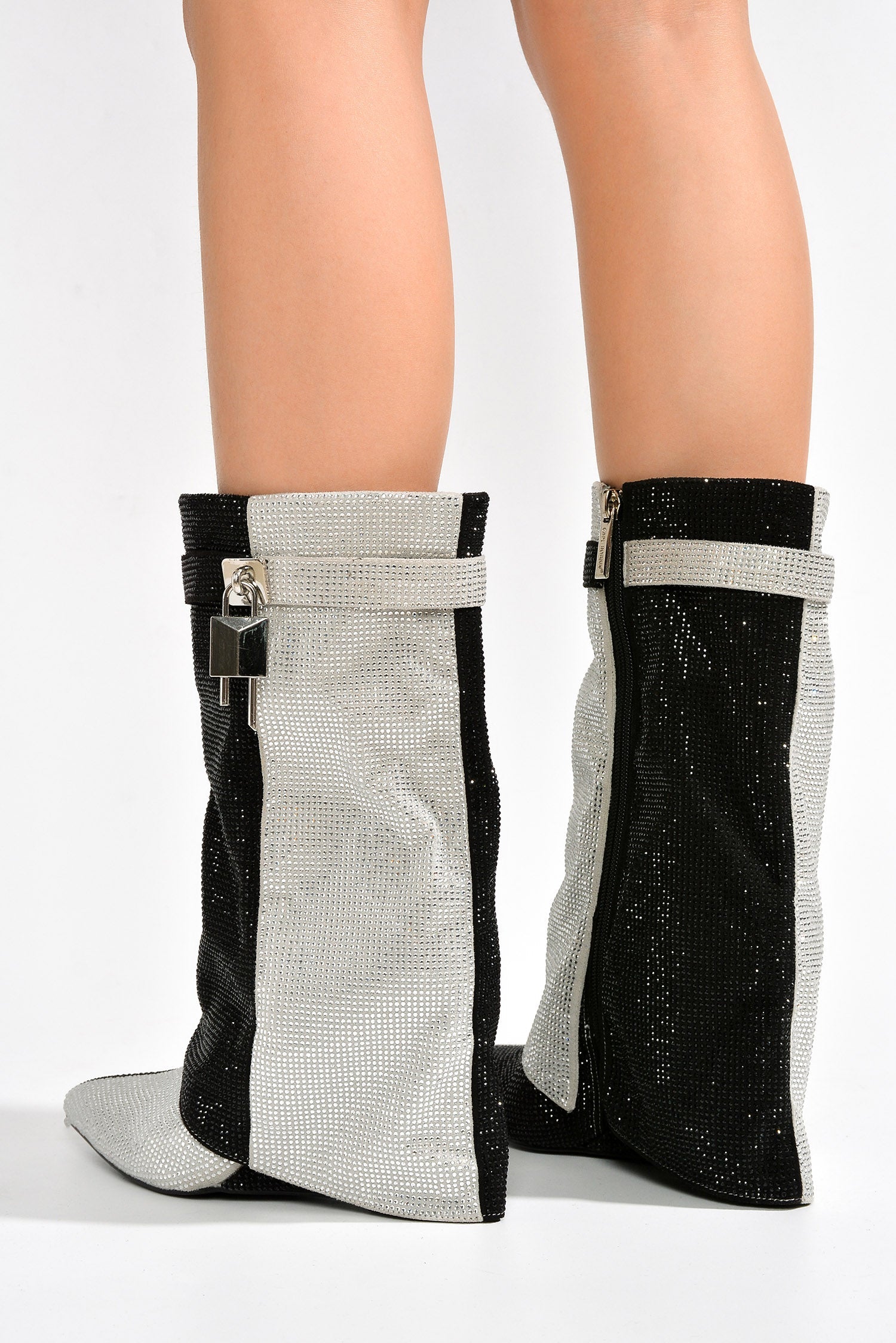 Lights On Rhinestones Studded Fold Over Mid Calf Boots