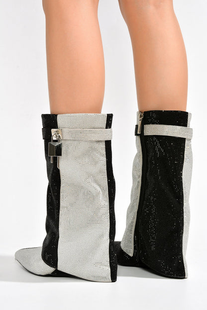 Lights On Rhinestones Studded Fold Over Mid Calf Boots