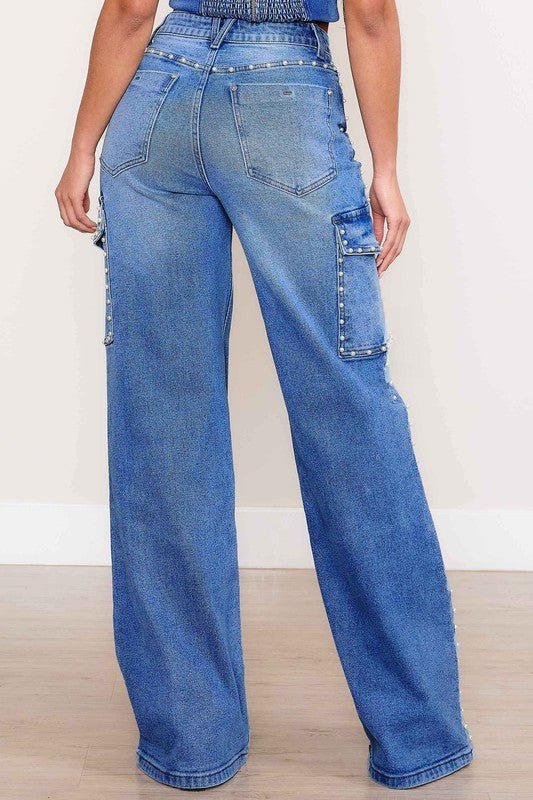 Blair High Rise Pearl Decor Wide Leg Cargo Jeans - ShopRbls