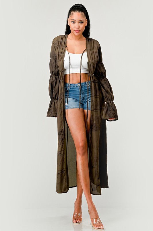 Blair Smocked &amp; Shirred Bell Sleeve Maxi Cardigan - ShopRbls