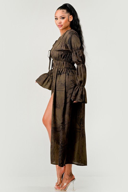 Blair Smocked &amp; Shirred Bell Sleeve Maxi Cardigan - ShopRbls