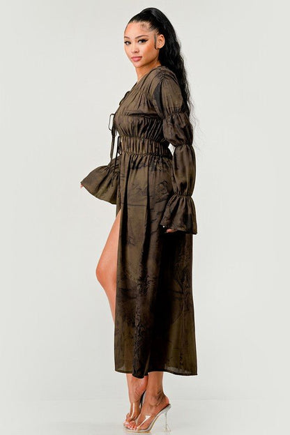 Blair Smocked &amp; Shirred Bell Sleeve Maxi Cardigan - ShopRbls