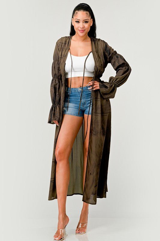Blair Smocked &amp; Shirred Bell Sleeve Maxi Cardigan - ShopRbls