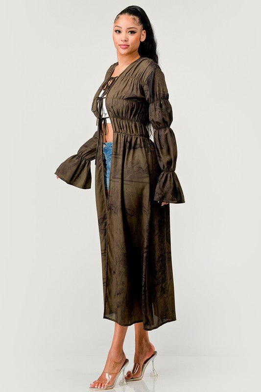 Blair Smocked &amp; Shirred Bell Sleeve Maxi Cardigan - ShopRbls