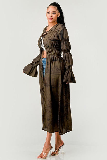 Blair Smocked &amp; Shirred Bell Sleeve Maxi Cardigan - ShopRbls
