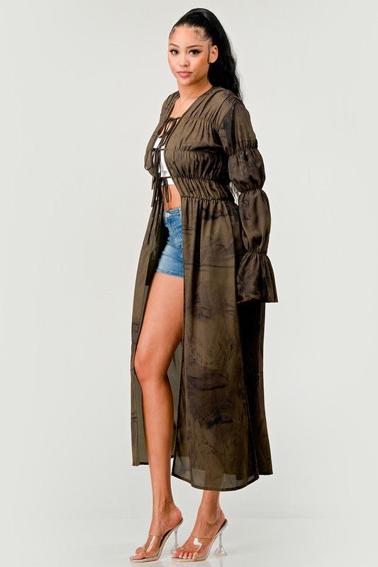 Blair Smocked &amp; Shirred Bell Sleeve Maxi Cardigan - ShopRbls