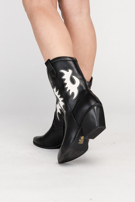Gia Contrast Detail Western Mid Calf Cowboy Boots