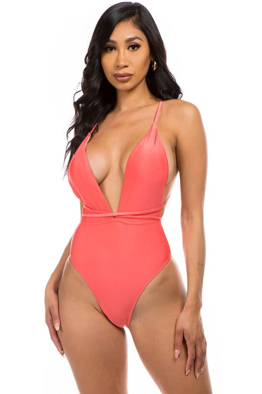Linda Plunge Neck Waist Detail One Piece Swimsuit