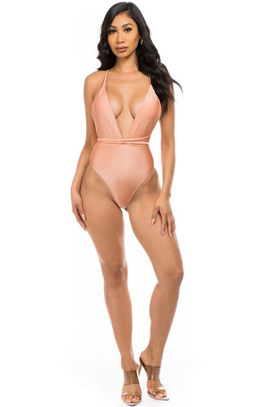 Linda Plunge Neck Waist Detail One Piece Swimsuit