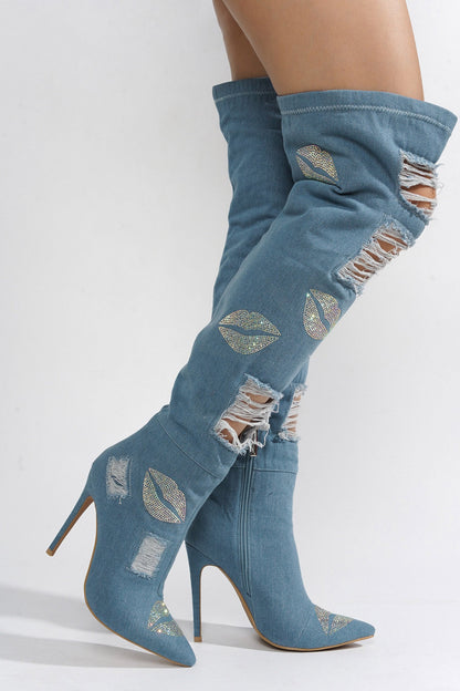 XoXo Rhinestones Decor Thigh High Boots