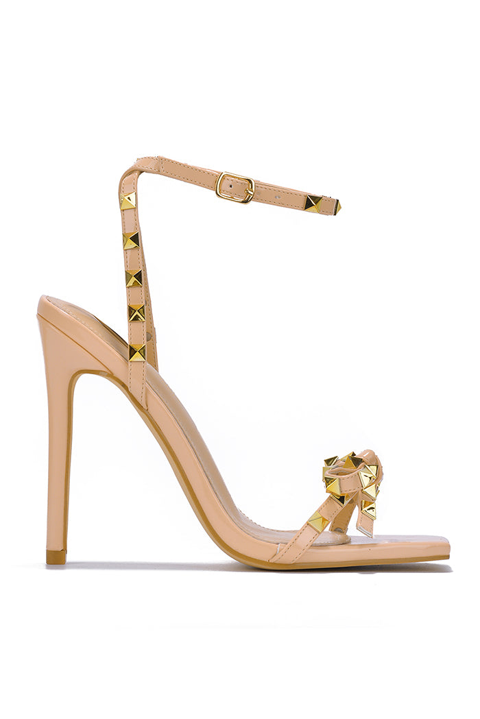 Parisienne Square Toe Studded Bow High Heels