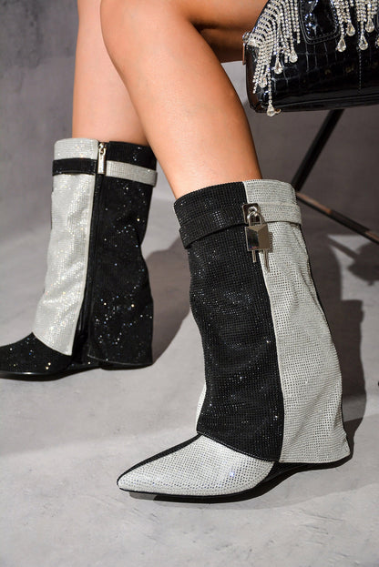 Lights On Rhinestones Studded Fold Over Mid Calf Boots
