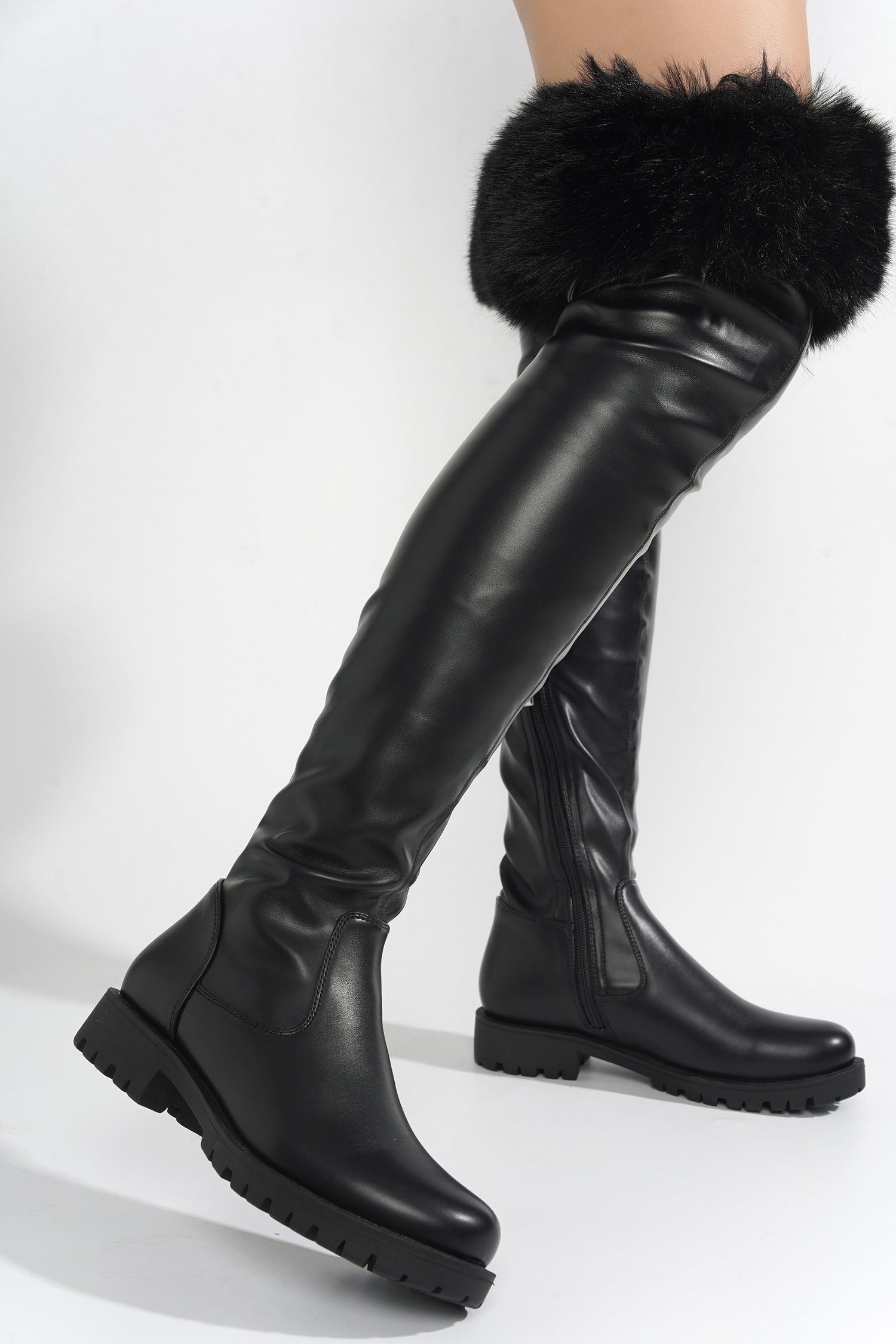 Katya Over The Knee Faux Fur Trim Vegan Leather Boots