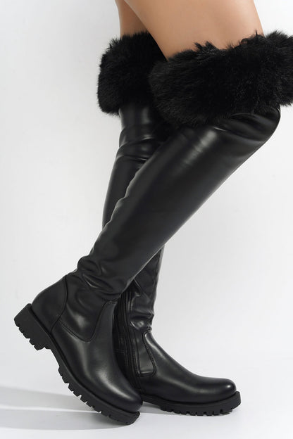Katya Over The Knee Faux Fur Trim Vegan Leather Boots