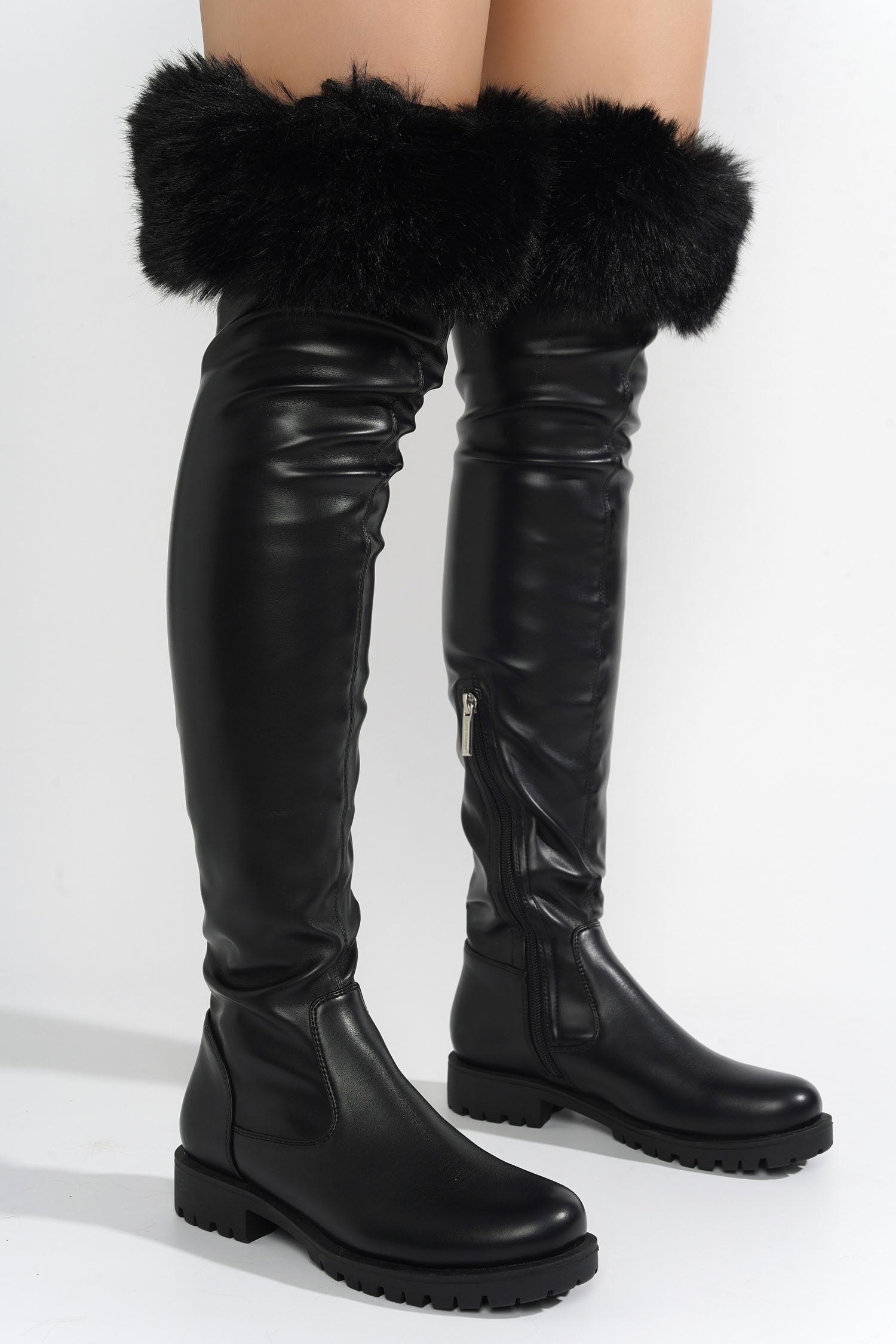 Katya Over The Knee Faux Fur Trim Vegan Leather Boots