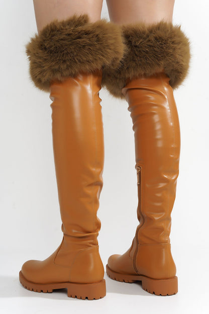Katya Over The Knee Faux Fur Trim Vegan Leather Boots