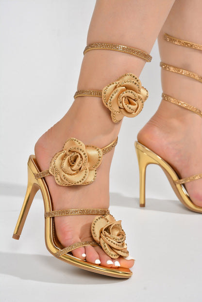 Eden Diamanté Detail 3d Roses Ankle Wrap Heels